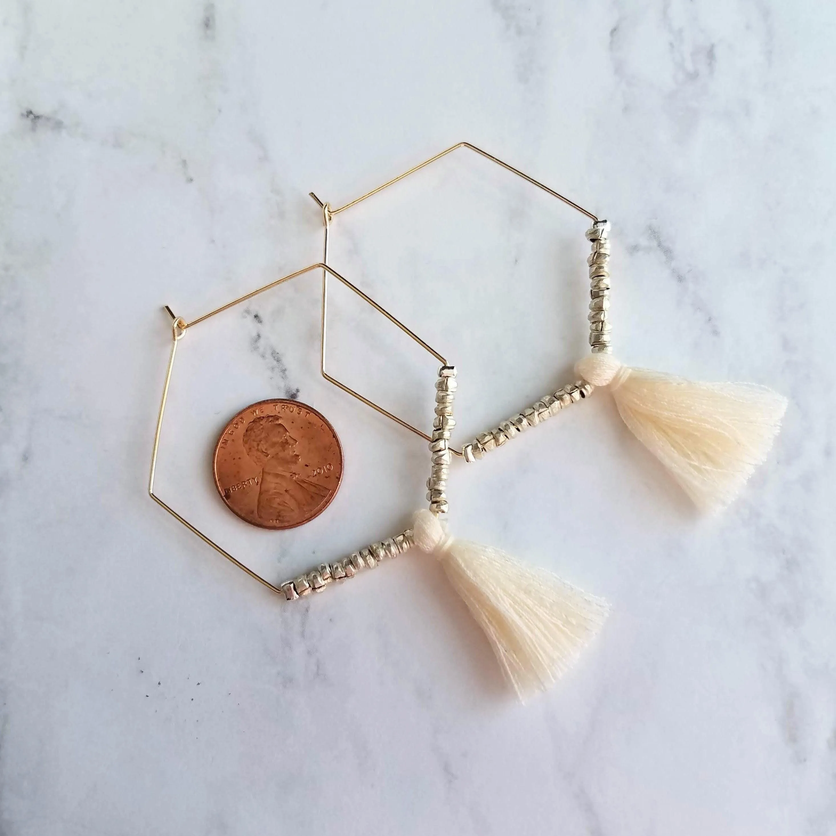 Gold Hexagon Hoop Earrings, thin gold hoop, large hoop earring, tassel hoop, tassel earring beaded hoop mixed metal earring hexagonal 6 side