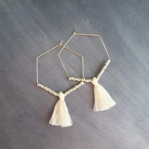 Gold Hexagon Hoop Earrings, thin gold hoop, large hoop earring, tassel hoop, tassel earring beaded hoop mixed metal earring hexagonal 6 side