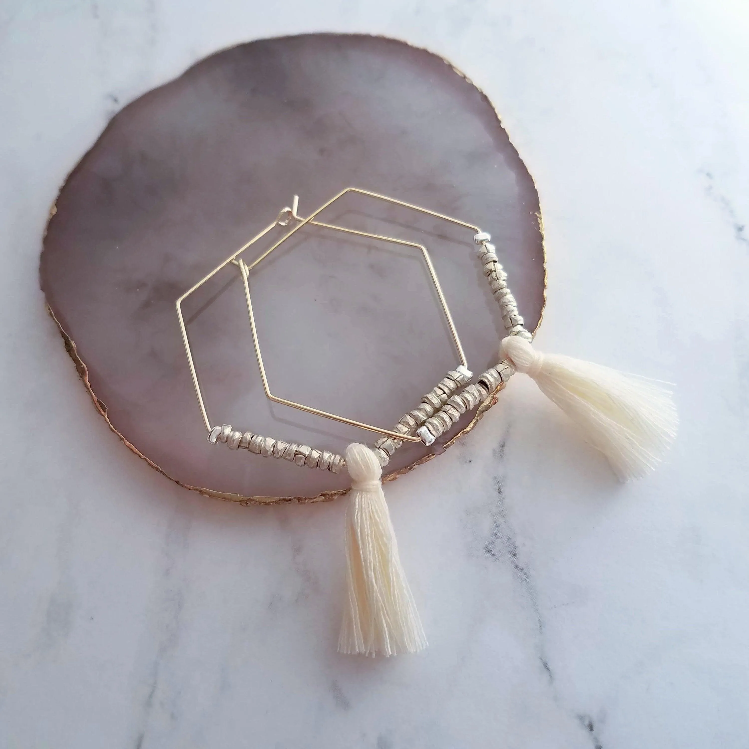 Gold Hexagon Hoop Earrings, thin gold hoop, large hoop earring, tassel hoop, tassel earring beaded hoop mixed metal earring hexagonal 6 side