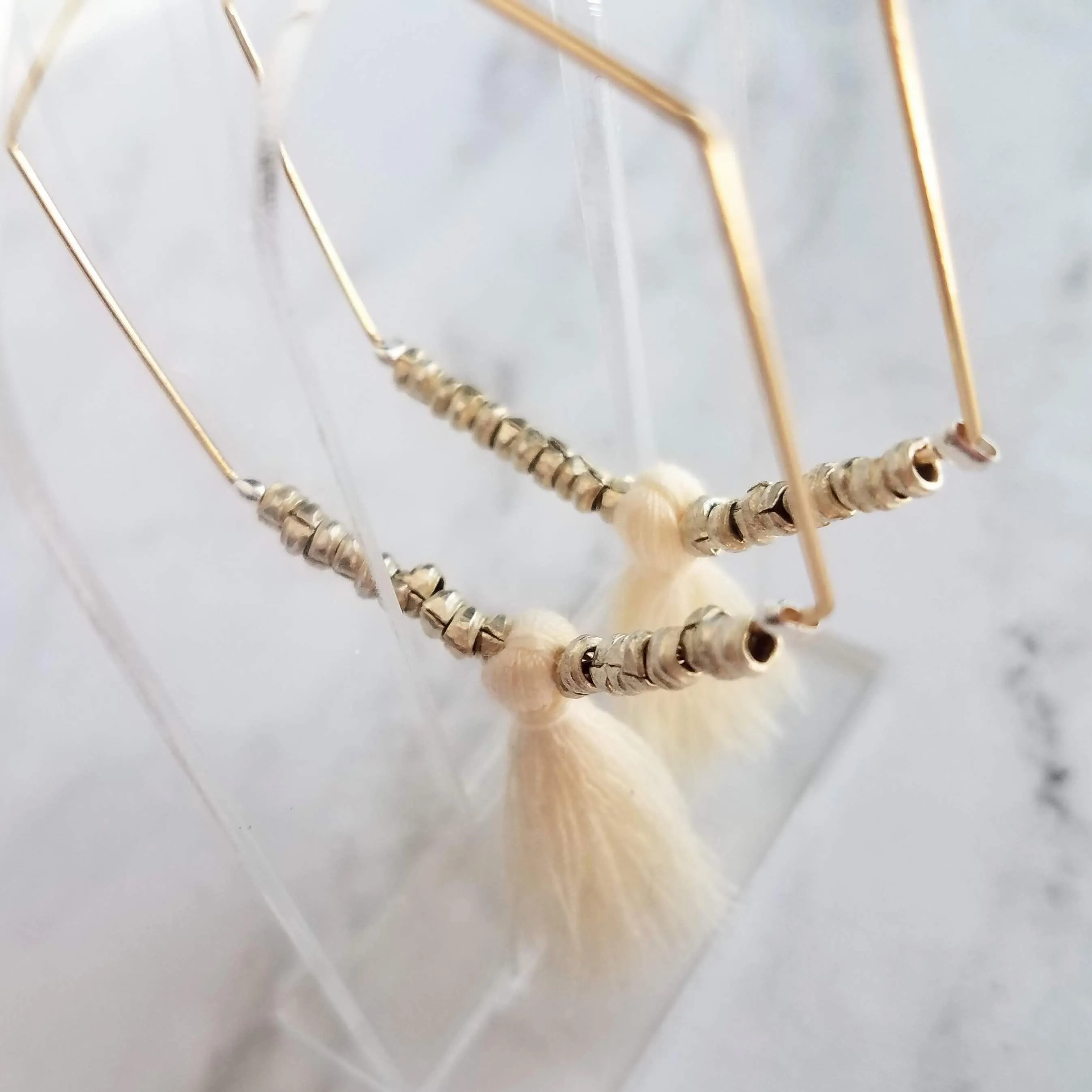 Gold Hexagon Hoop Earrings, thin gold hoop, large hoop earring, tassel hoop, tassel earring beaded hoop mixed metal earring hexagonal 6 side