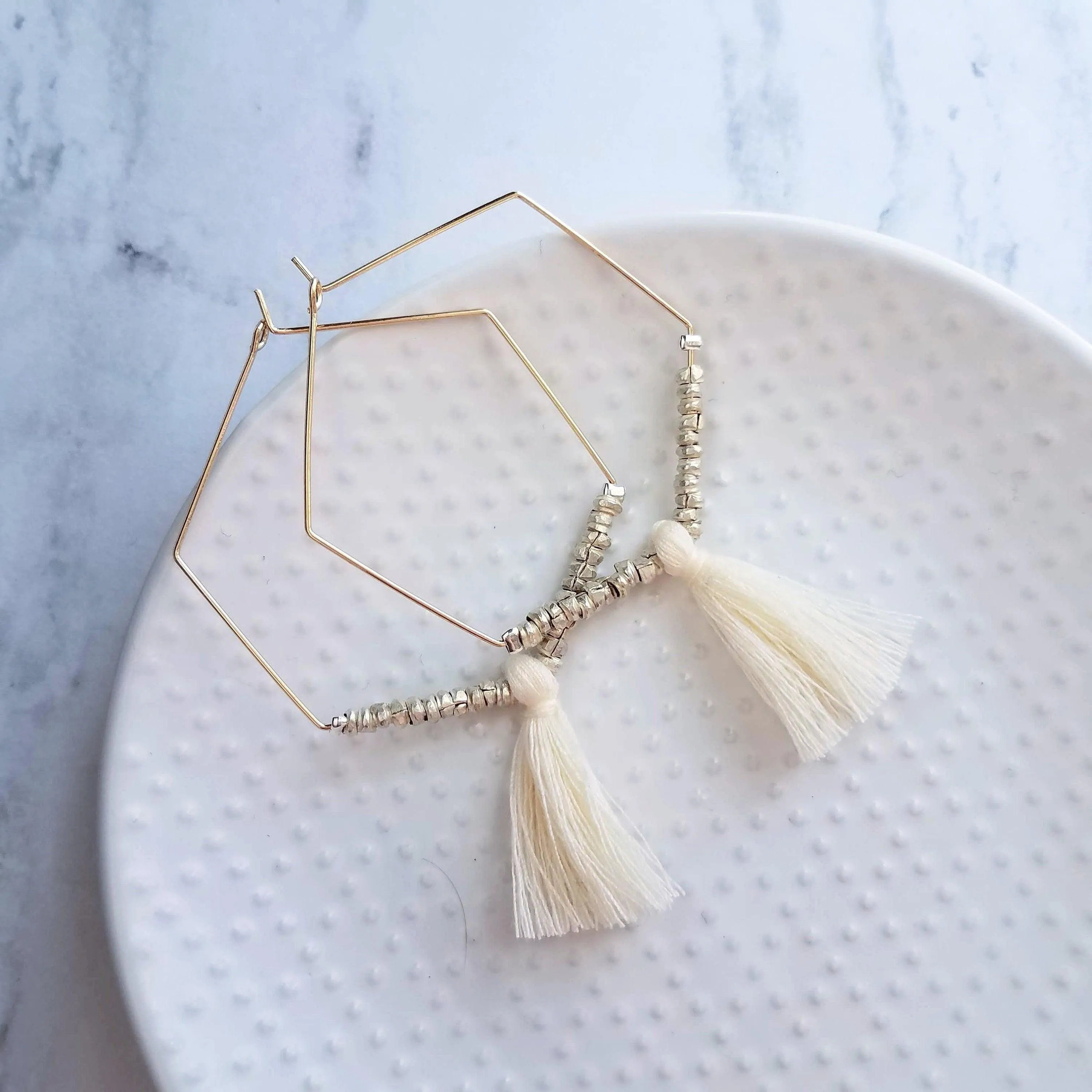 Gold Hexagon Hoop Earrings, thin gold hoop, large hoop earring, tassel hoop, tassel earring beaded hoop mixed metal earring hexagonal 6 side