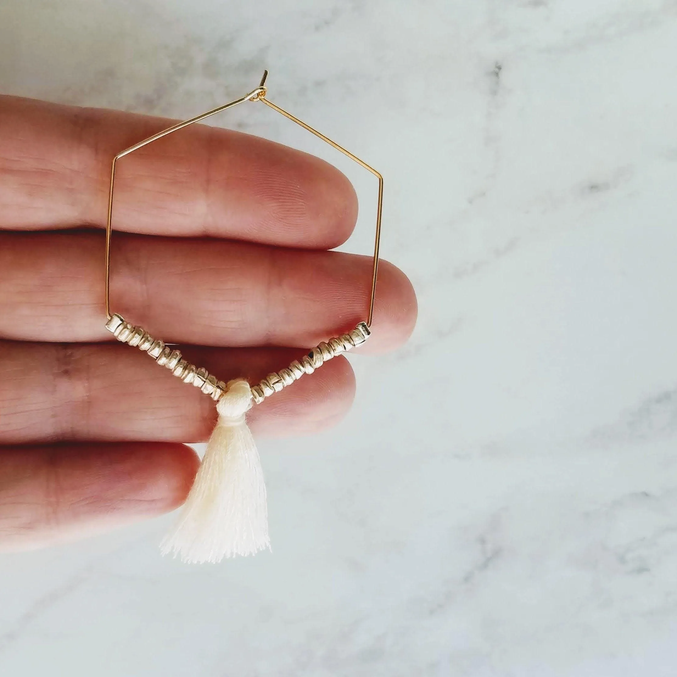 Gold Hexagon Hoop Earrings, thin gold hoop, large hoop earring, tassel hoop, tassel earring beaded hoop mixed metal earring hexagonal 6 side