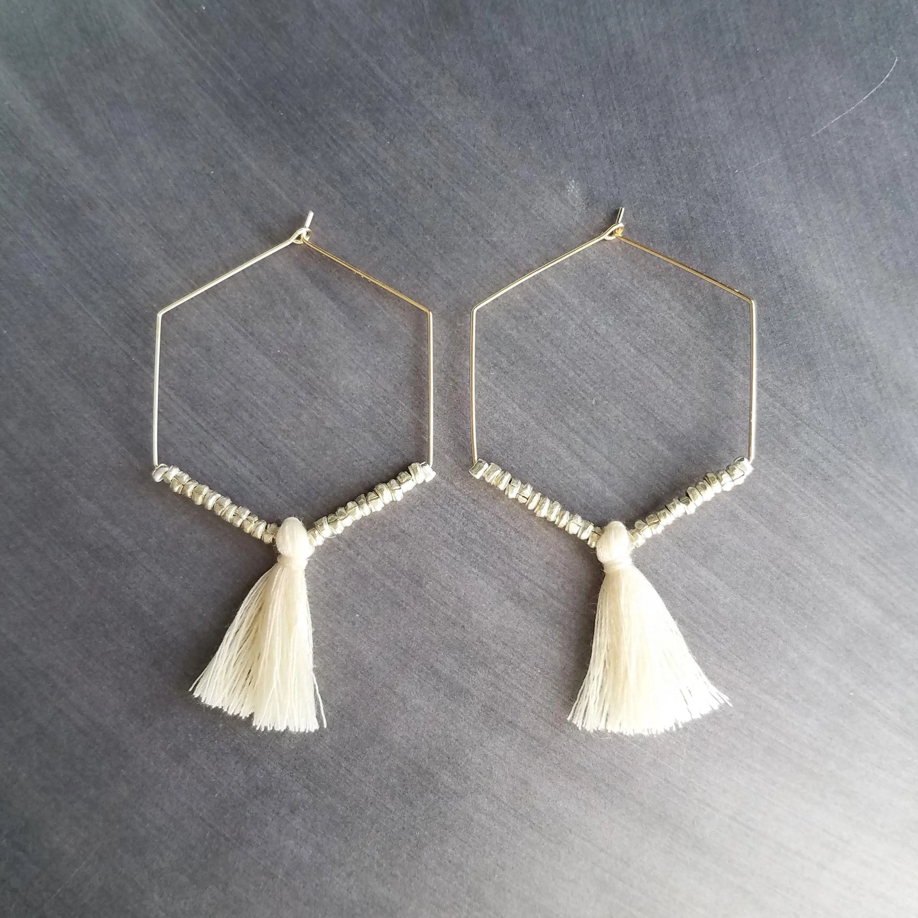 Gold Hexagon Hoop Earrings, thin gold hoop, large hoop earring, tassel hoop, tassel earring beaded hoop mixed metal earring hexagonal 6 side
