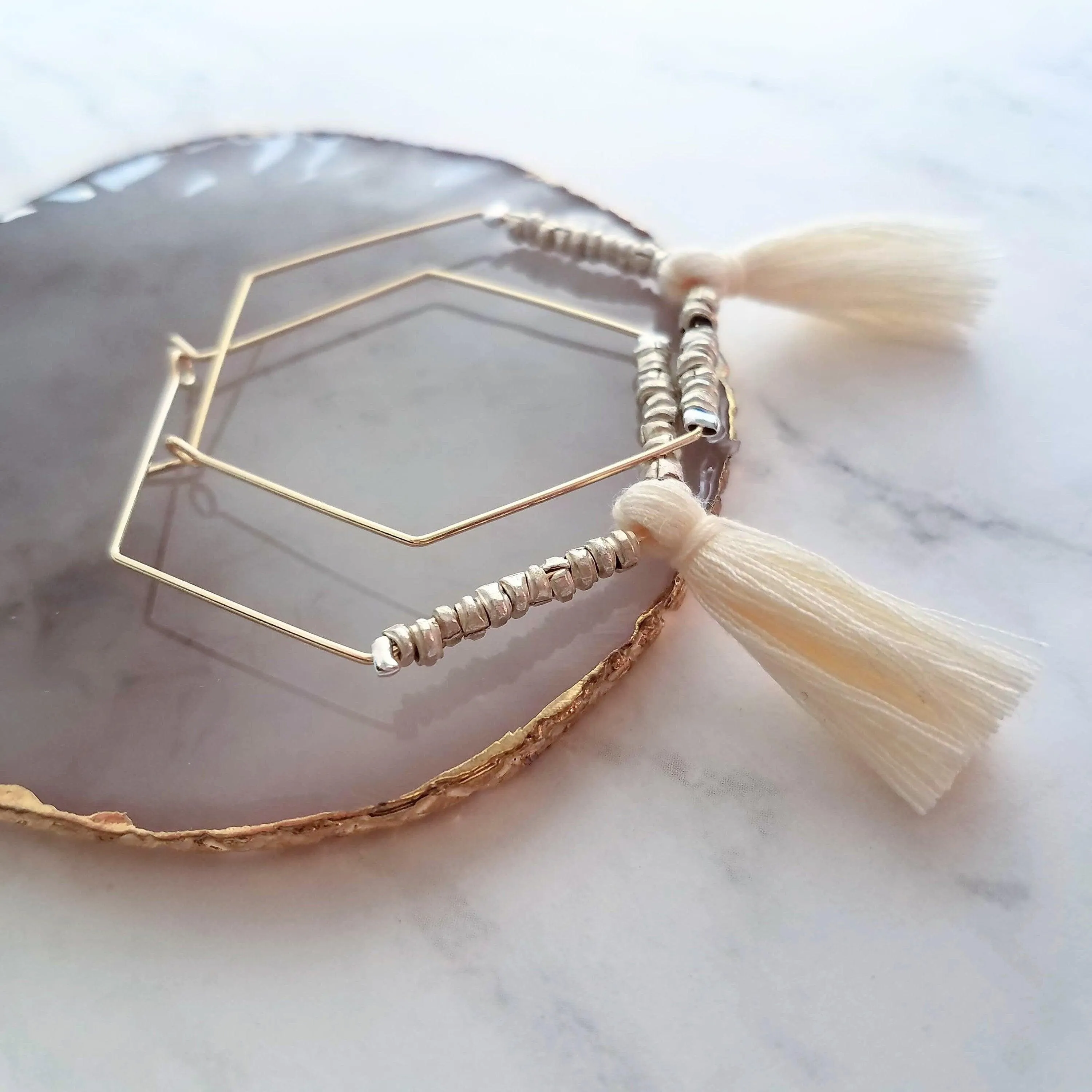 Gold Hexagon Hoop Earrings, thin gold hoop, large hoop earring, tassel hoop, tassel earring beaded hoop mixed metal earring hexagonal 6 side