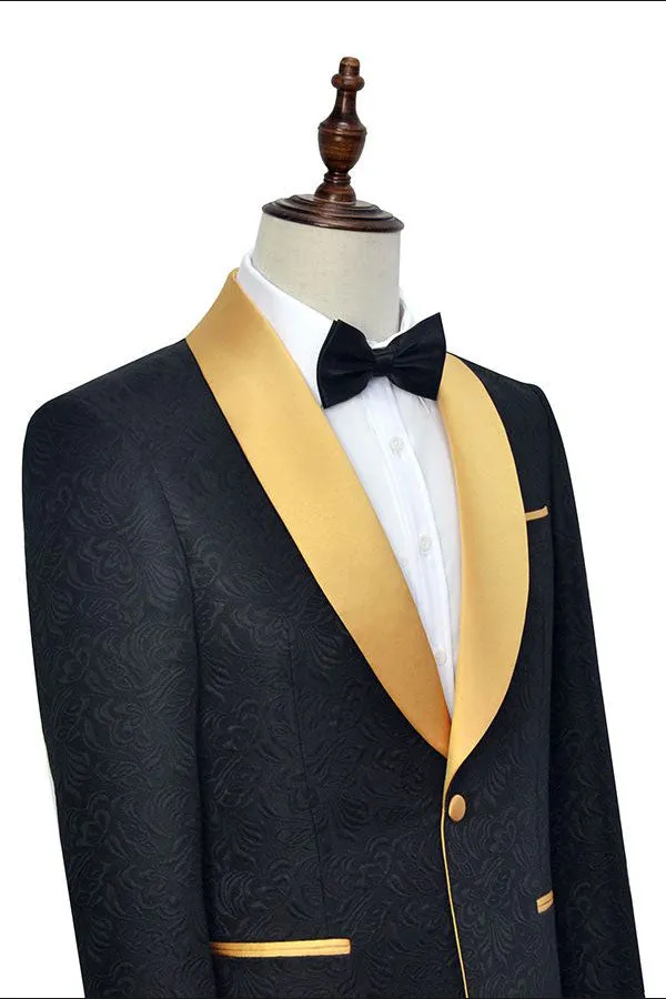Gold Shawl Lapel One Button Wedding Tuxedo Black Jacquard Marriage Suits