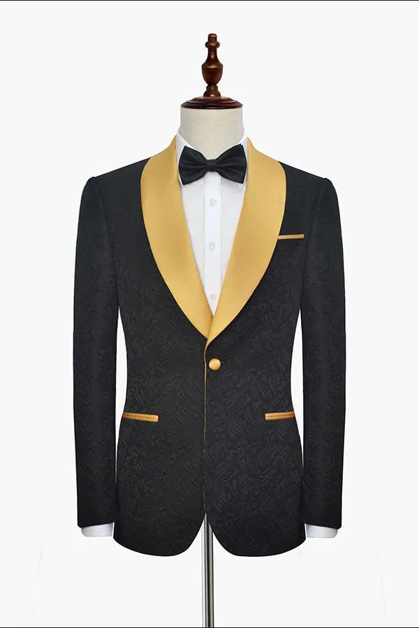 Gold Shawl Lapel One Button Wedding Tuxedo Black Jacquard Marriage Suits