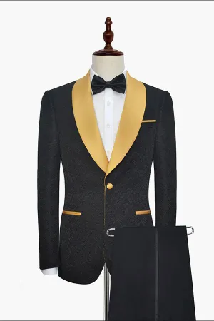 Gold Shawl Lapel One Button Wedding Tuxedo Black Jacquard Marriage Suits