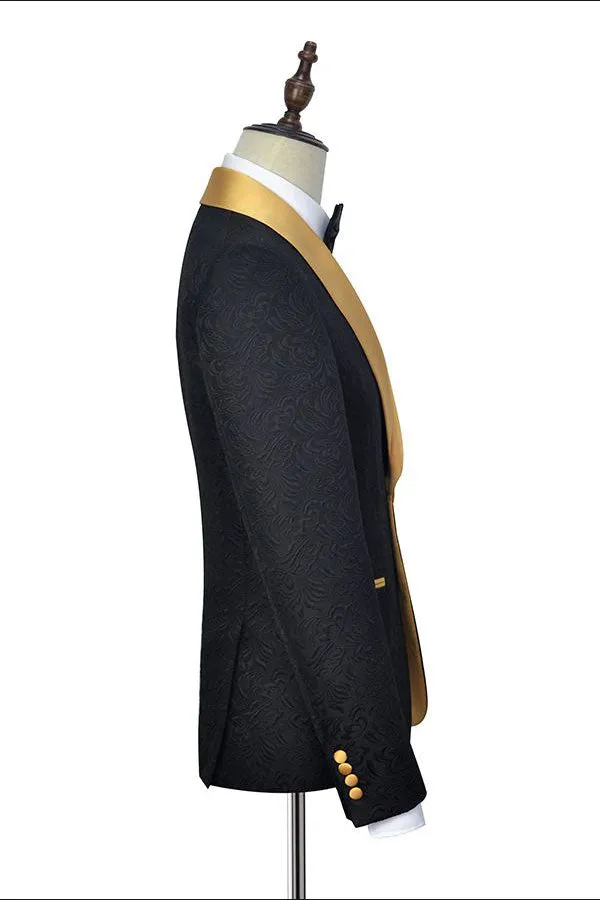 Gold Shawl Lapel One Button Wedding Tuxedo Black Jacquard Marriage Suits