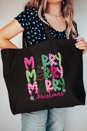 Green and Pink Merry Christmas Canvas Jumbo Tote