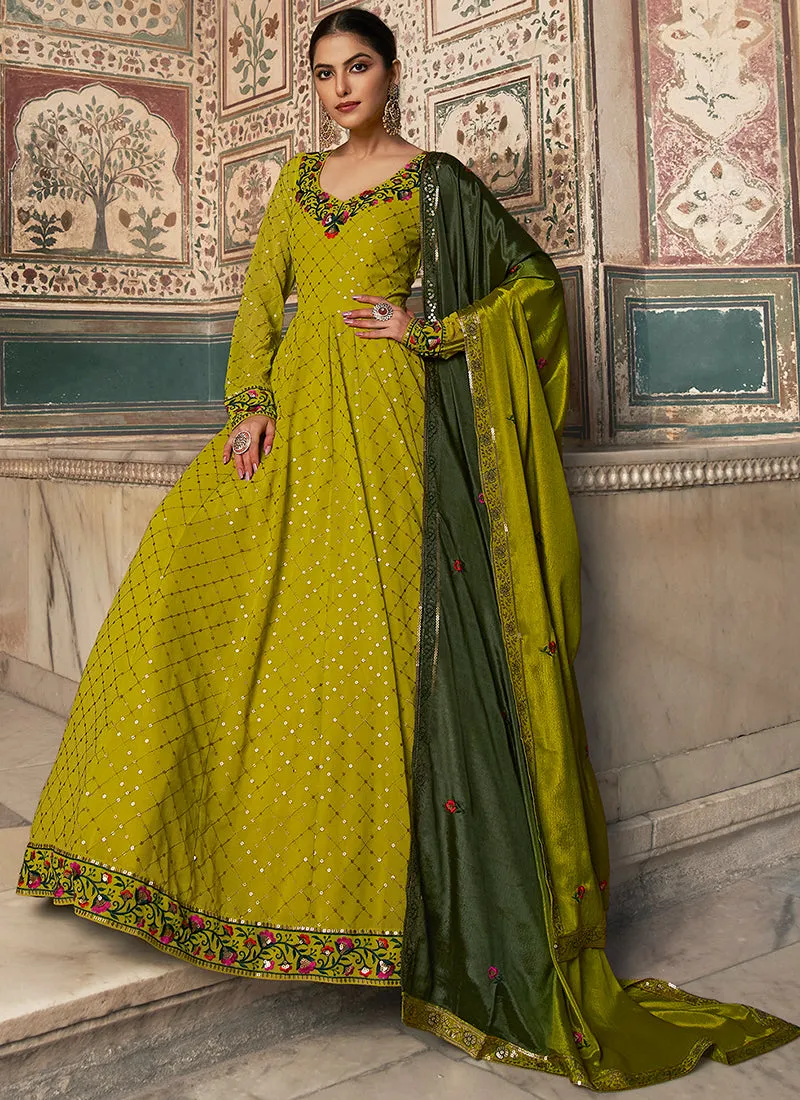 Green Two Tone Multi Embroidered Anarkali Gown