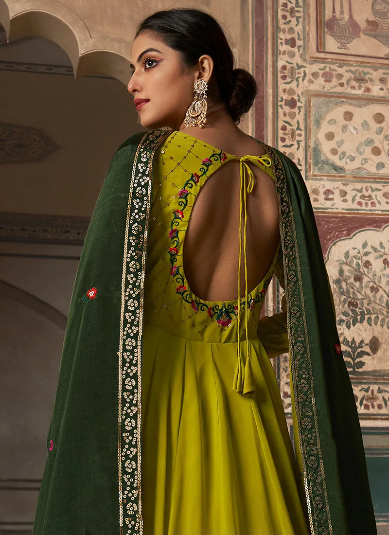 Green Two Tone Multi Embroidered Anarkali Gown