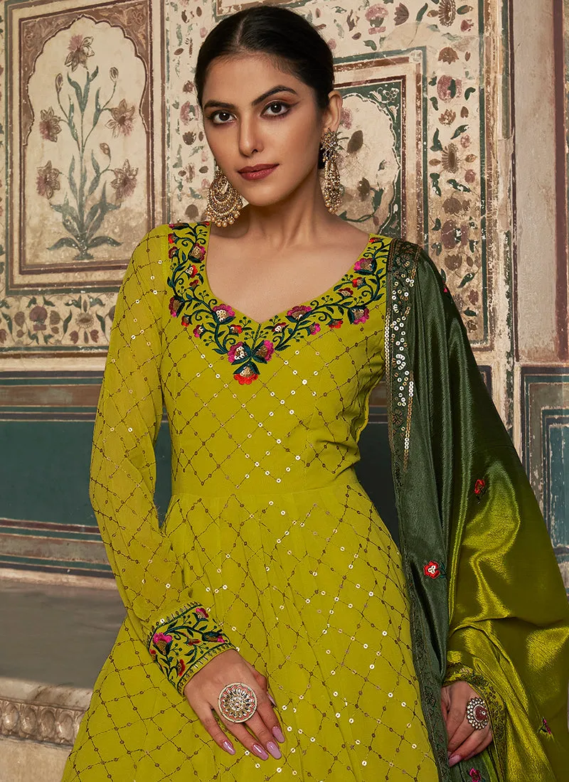 Green Two Tone Multi Embroidered Anarkali Gown