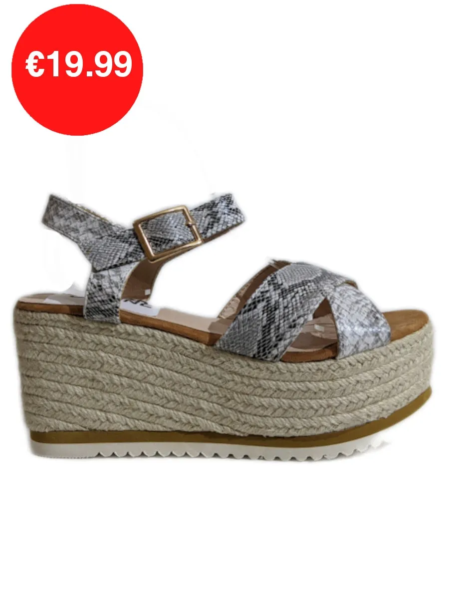 Grey Snake Detail Espadrille Wedge Sandals