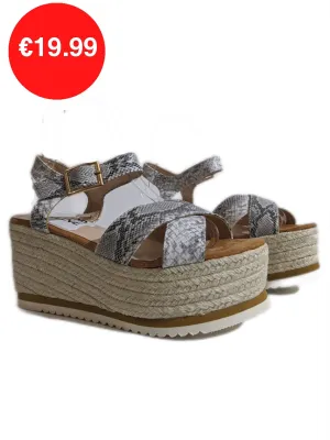 Grey Snake Detail Espadrille Wedge Sandals