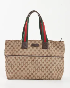 Gucci Brown Canvas Web Handle Diaper Zipper Tote Bag