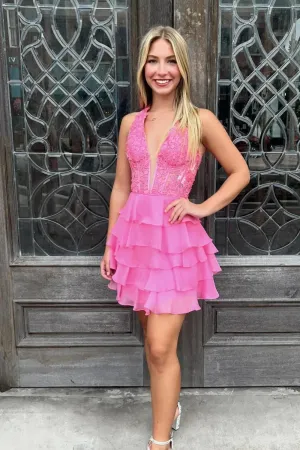 Halter Hot Pink Lace and Chiffon Ruffle Homecoming Dress