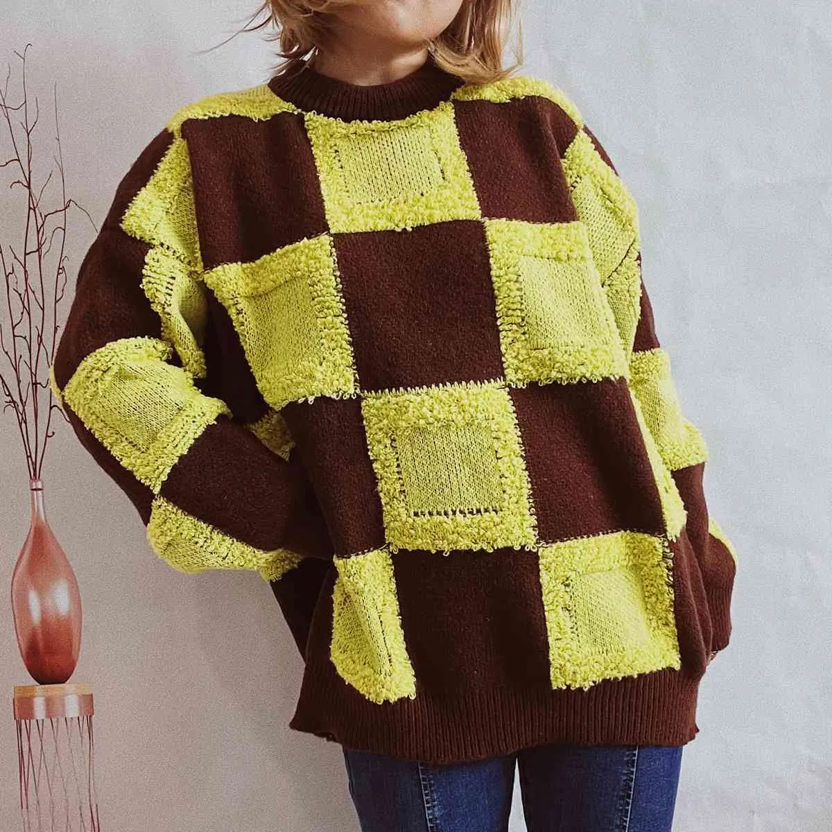 Hazel Blues® |  Checkered Round Neck Long Sleeve Sweater