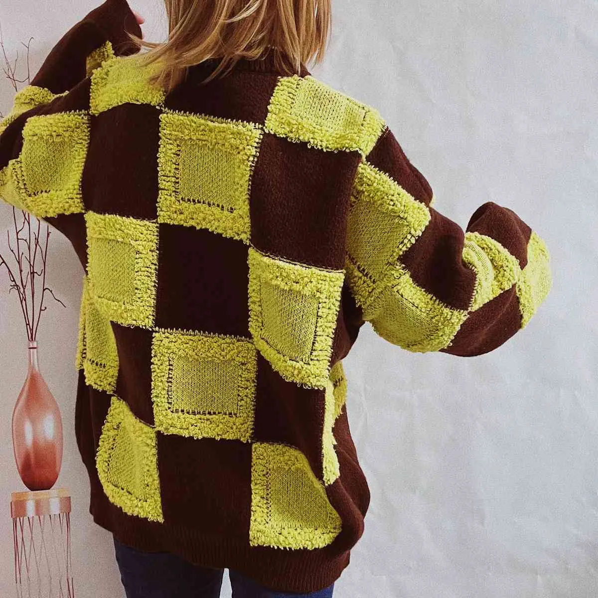 Hazel Blues® |  Checkered Round Neck Long Sleeve Sweater