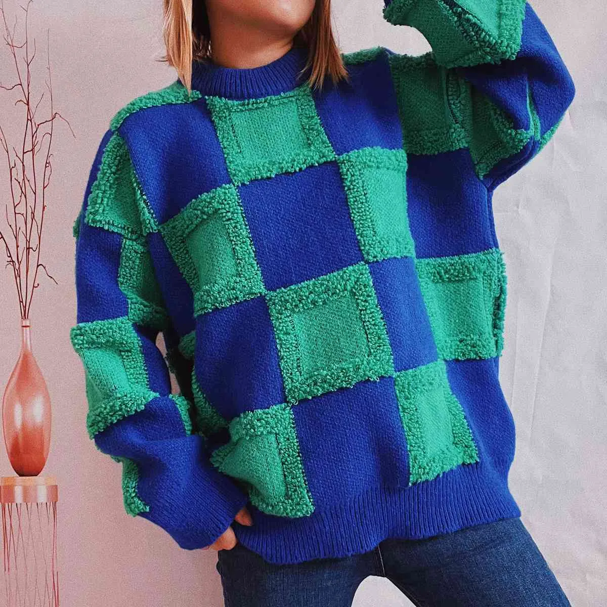 Hazel Blues® |  Checkered Round Neck Long Sleeve Sweater