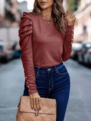 Hazel Blues® |  Decorative Button Puff Sleeve T-Shirt
