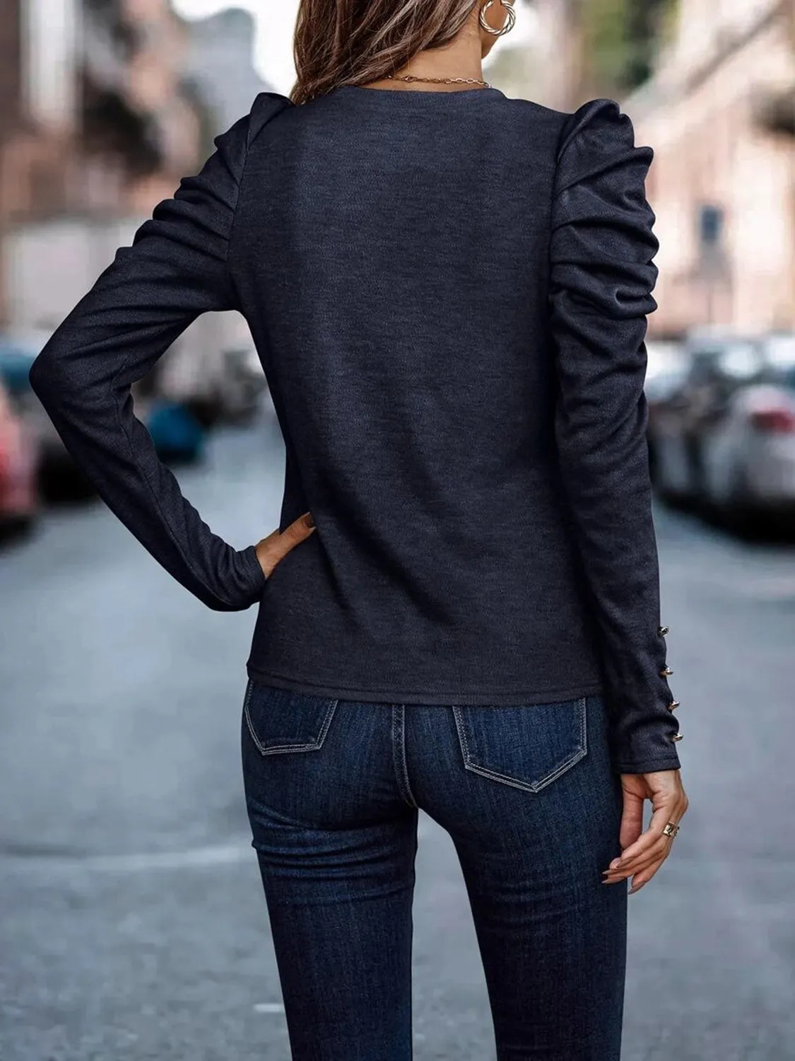 Hazel Blues® |  Decorative Button Puff Sleeve T-Shirt