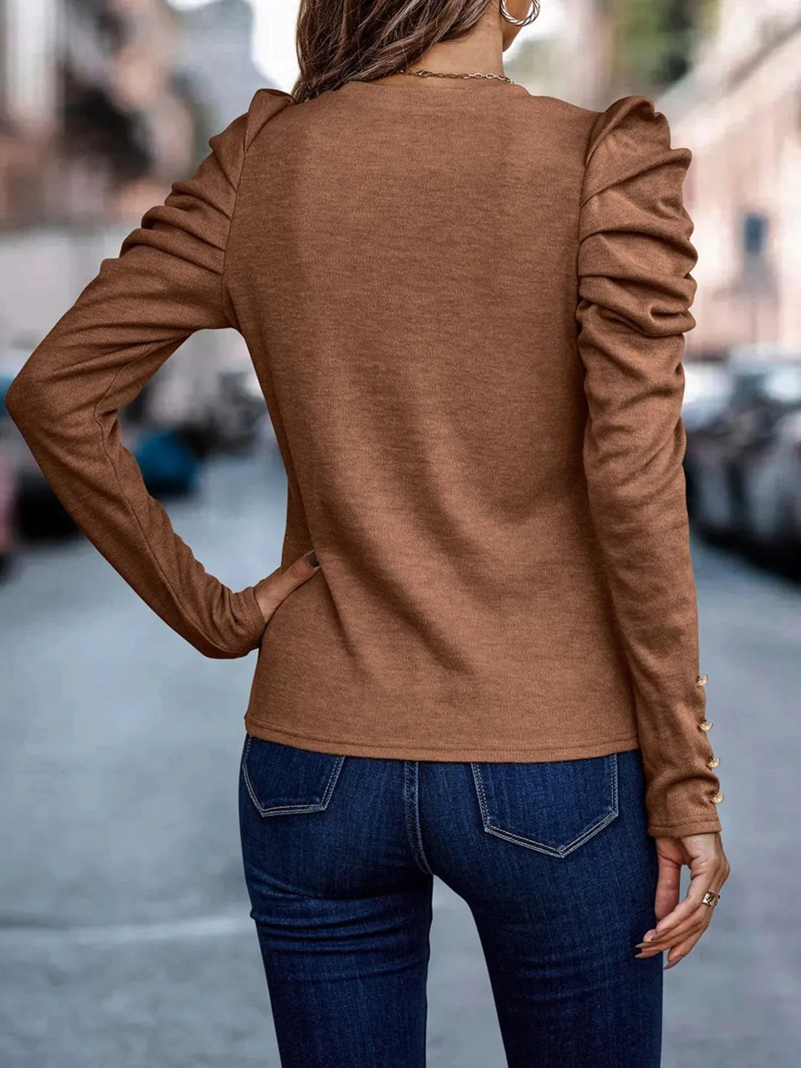 Hazel Blues® |  Decorative Button Puff Sleeve T-Shirt