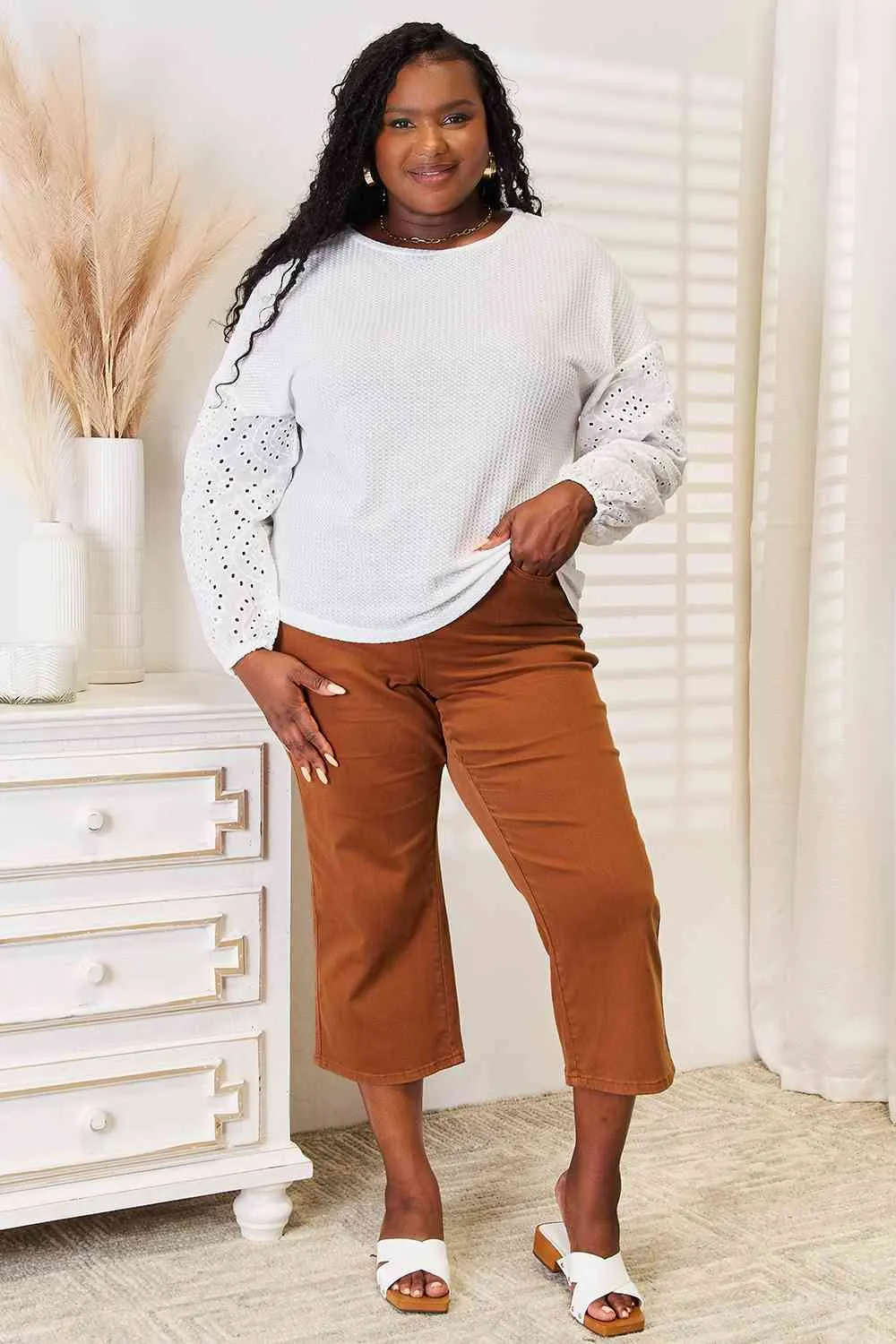 Hazel Blues® |  Double Take Eyelet Dropped Shoulder Round Neck Blouse