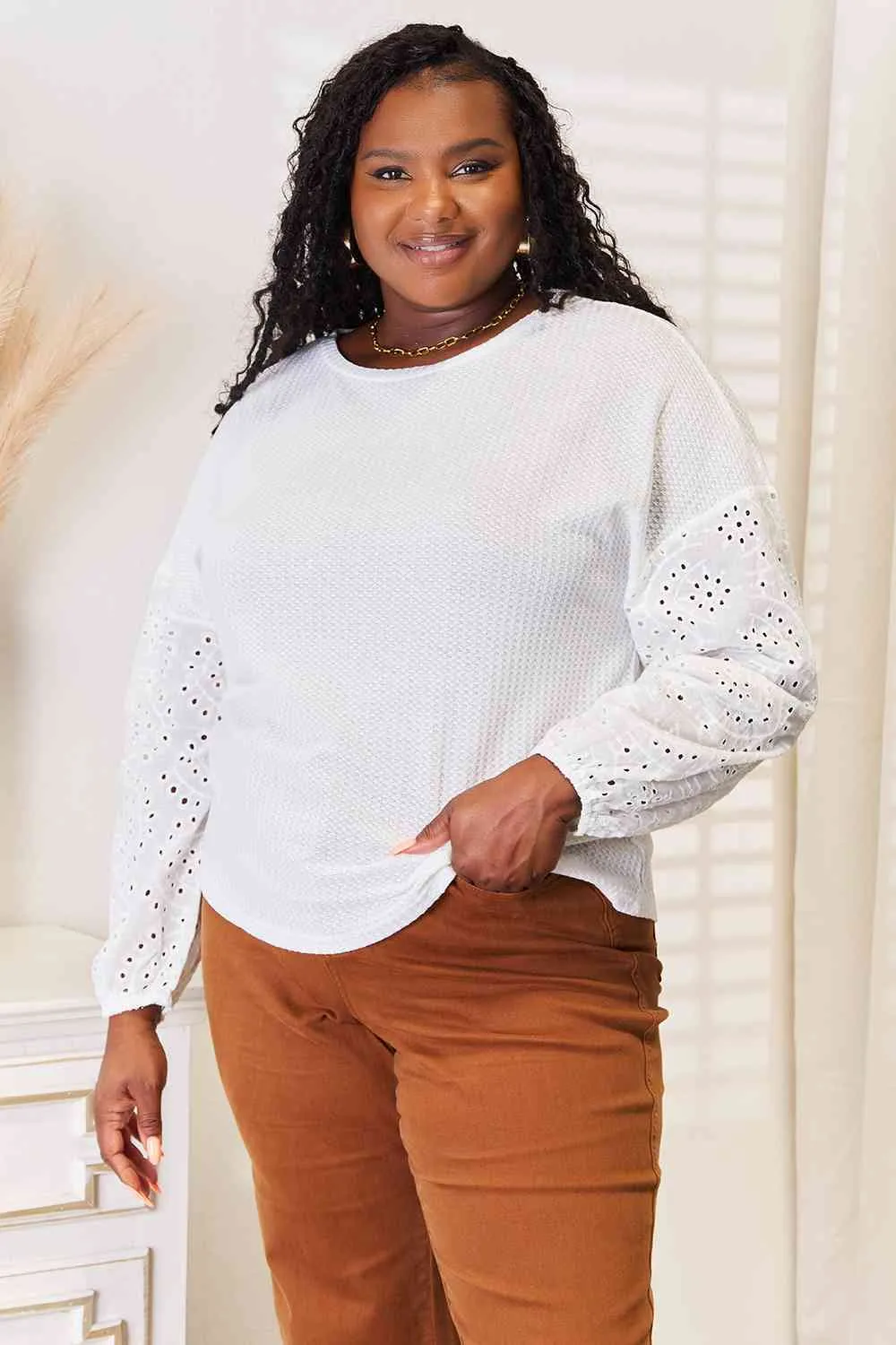 Hazel Blues® |  Double Take Eyelet Dropped Shoulder Round Neck Blouse