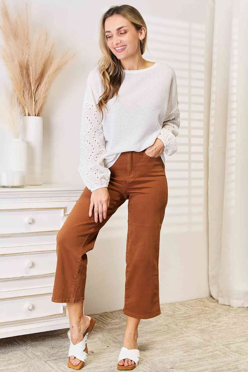 Hazel Blues® |  Double Take Eyelet Dropped Shoulder Round Neck Blouse