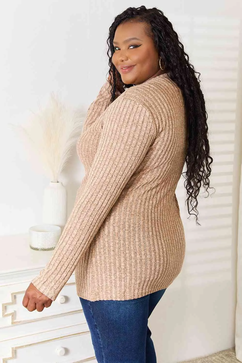Hazel Blues® |  Double Take Notched Neck Ribbed Long Sleeve T-Shirt