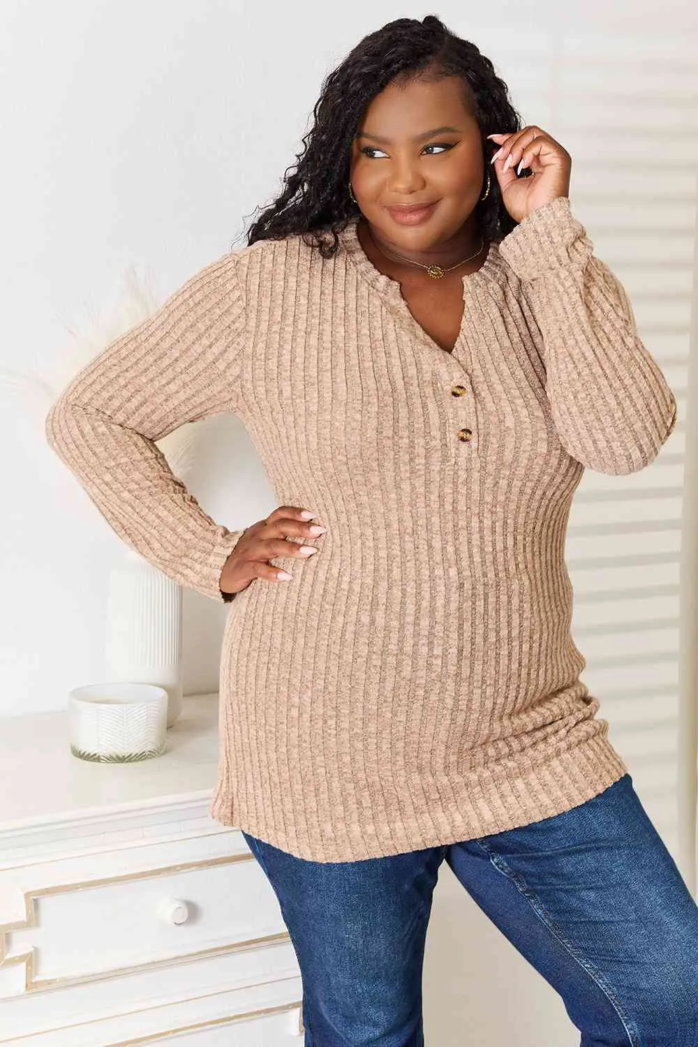 Hazel Blues® |  Double Take Notched Neck Ribbed Long Sleeve T-Shirt