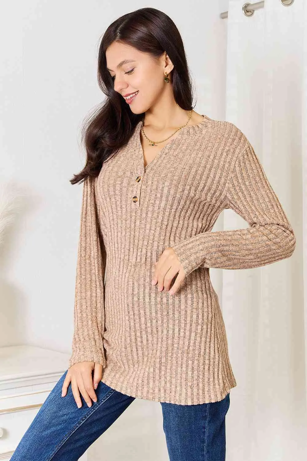 Hazel Blues® |  Double Take Notched Neck Ribbed Long Sleeve T-Shirt