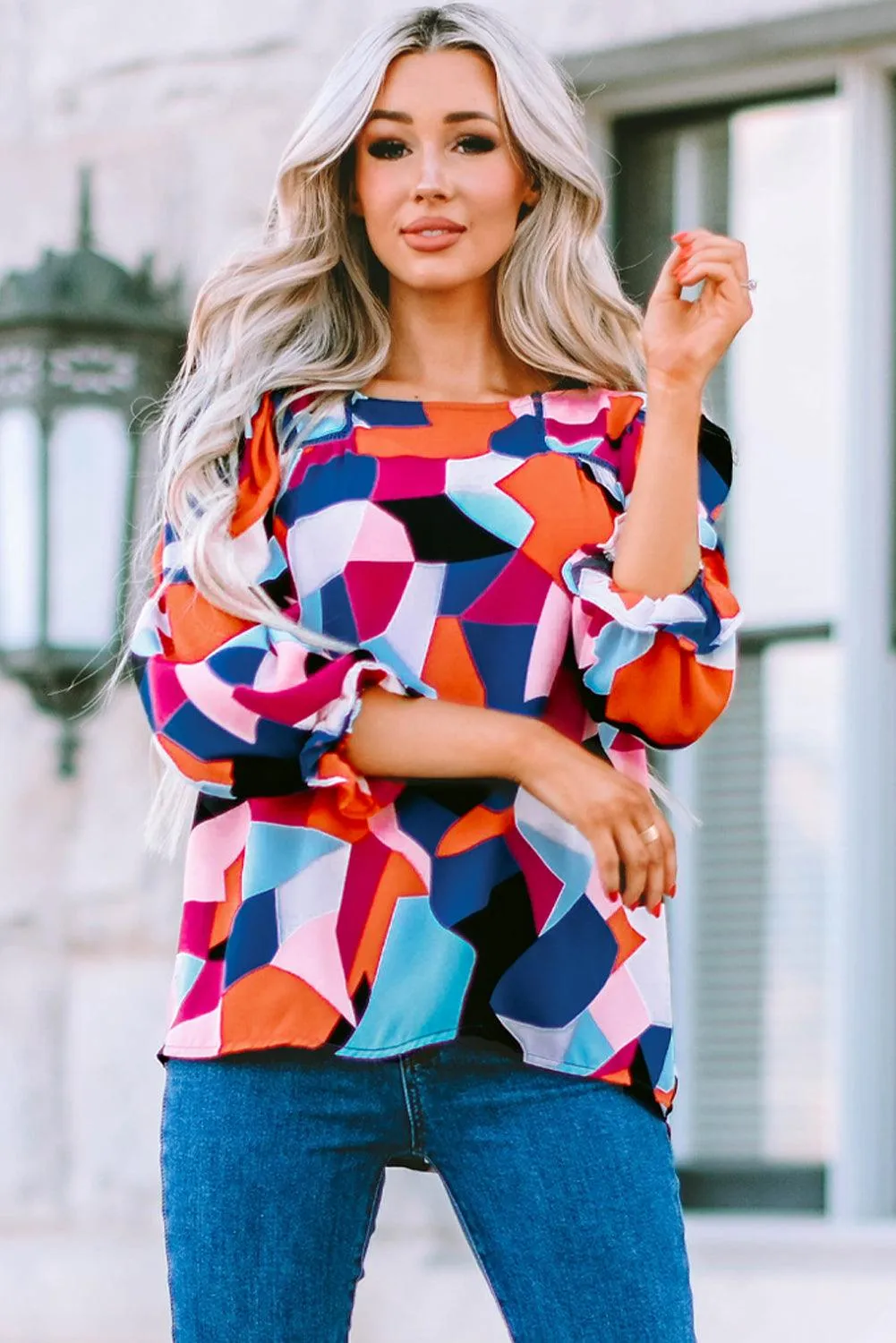 Hazel Blues® | Geometric Flounce Sleeve Blouse