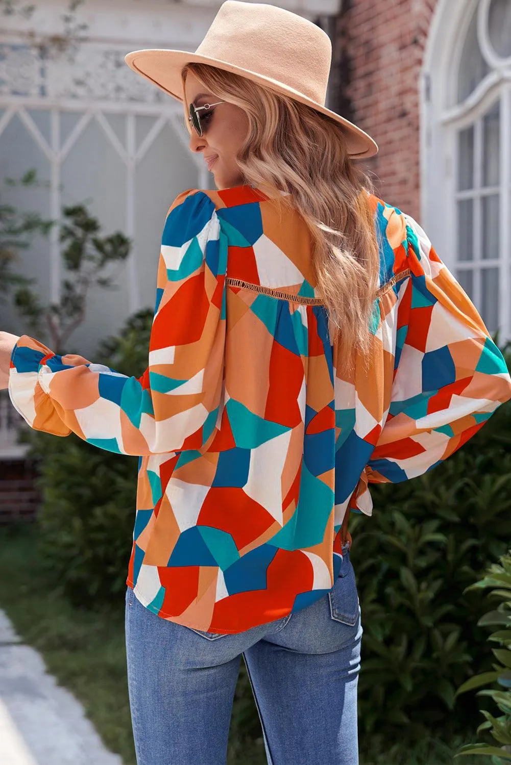 Hazel Blues® | Geometric Flounce Sleeve Blouse