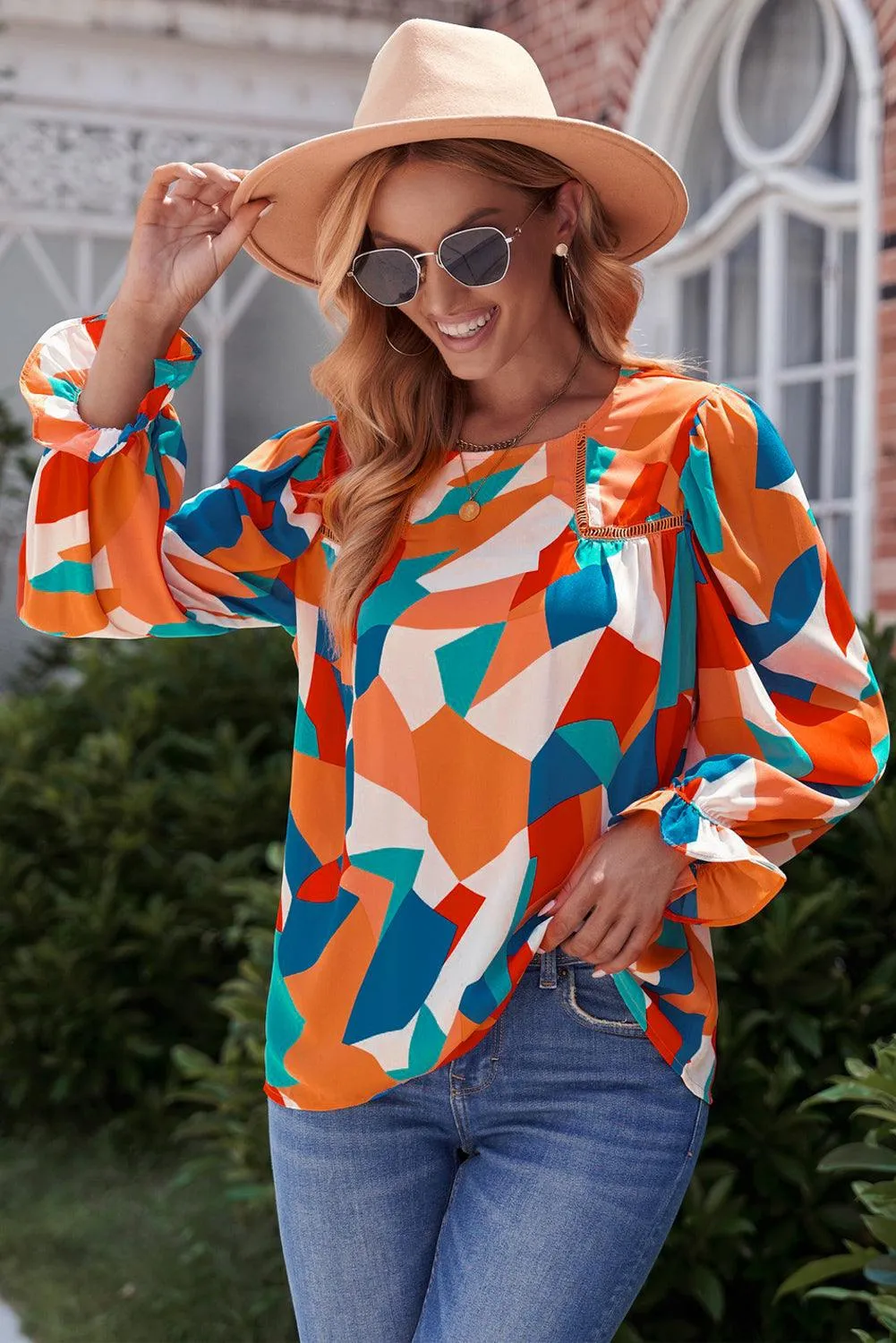 Hazel Blues® | Geometric Flounce Sleeve Blouse