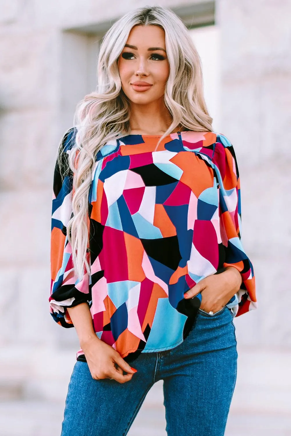 Hazel Blues® | Geometric Flounce Sleeve Blouse