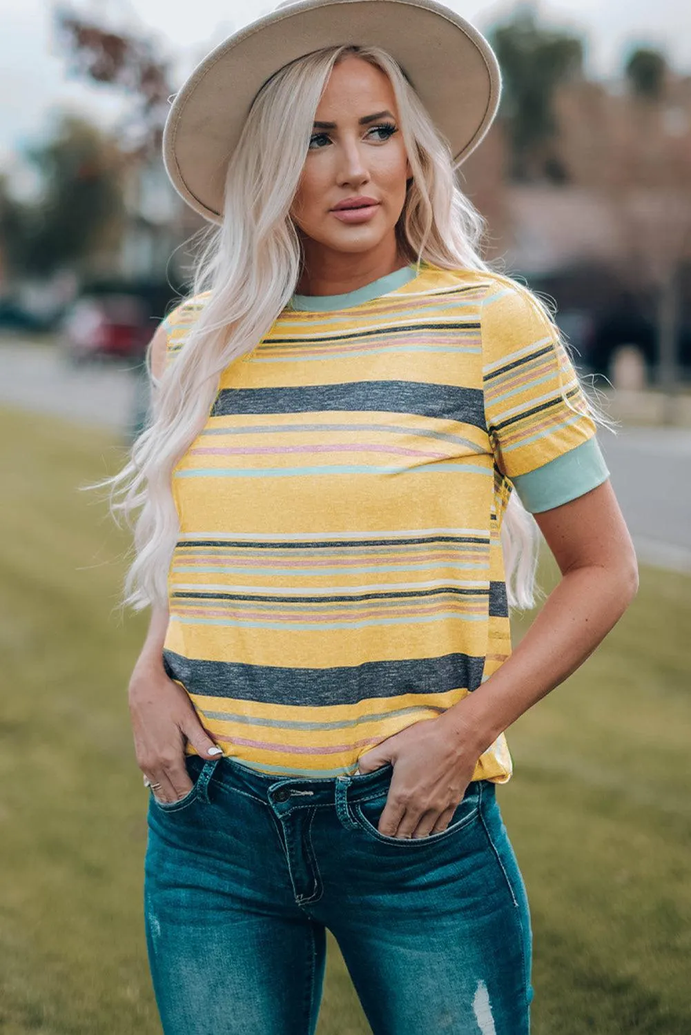Hazel Blues® | Multicolored Striped Round Neck Tee Shirt