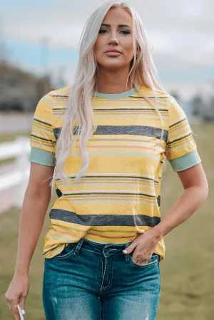 Hazel Blues® | Multicolored Striped Round Neck Tee Shirt