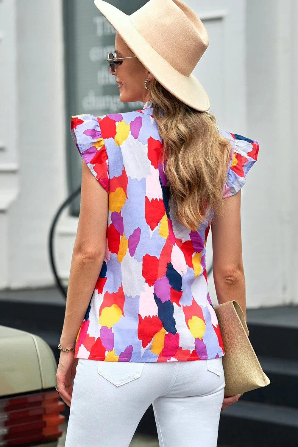 Hazel Blues® | Printed Flutter Sleeve Frill Neck Top