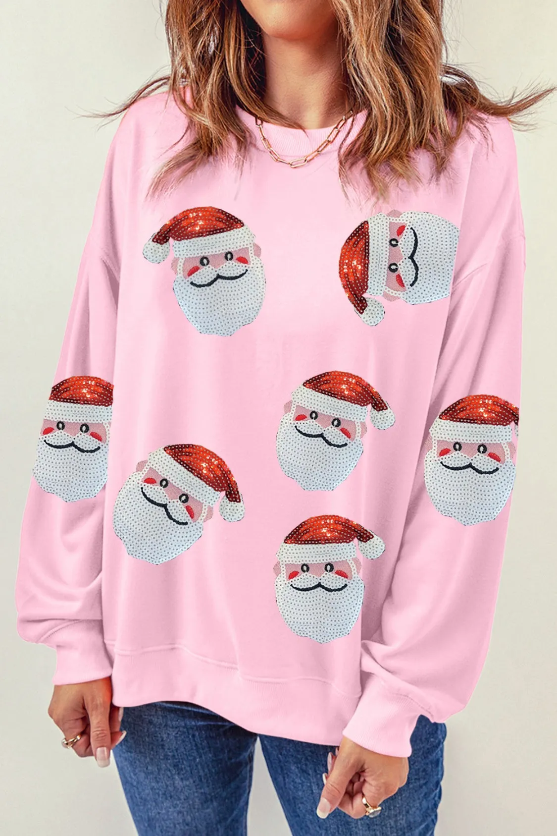Hazel Blues® |  Sequin Santa Patch Round Neck Sweatshirt