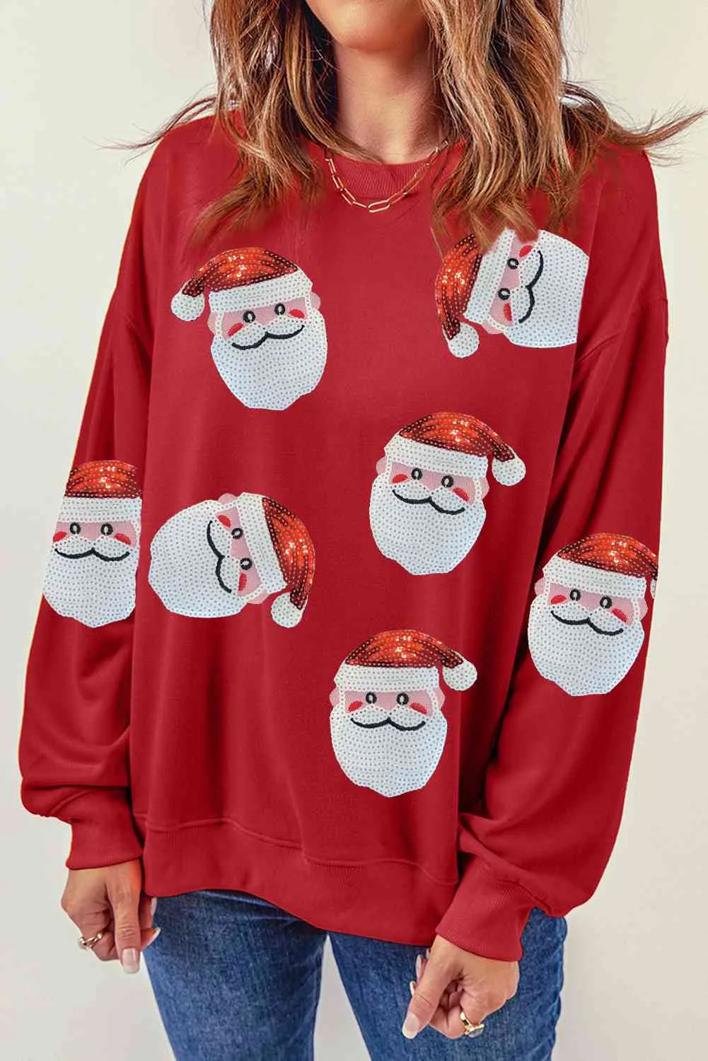 Hazel Blues® |  Sequin Santa Patch Round Neck Sweatshirt
