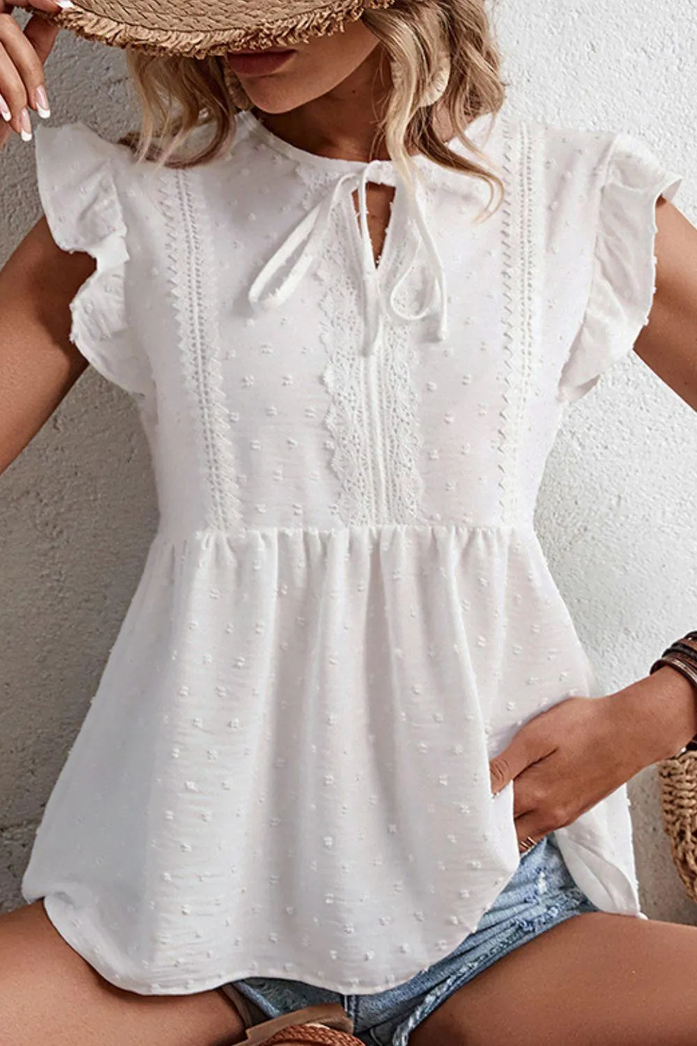 Hazel Blues® | Swiss Dot Tie-Neck Flutter Sleeve Peplum Blouse