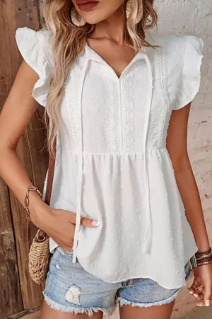 Hazel Blues® | Swiss Dot Tie-Neck Flutter Sleeve Peplum Blouse