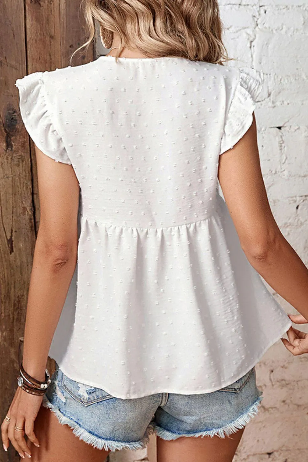 Hazel Blues® | Swiss Dot Tie-Neck Flutter Sleeve Peplum Blouse