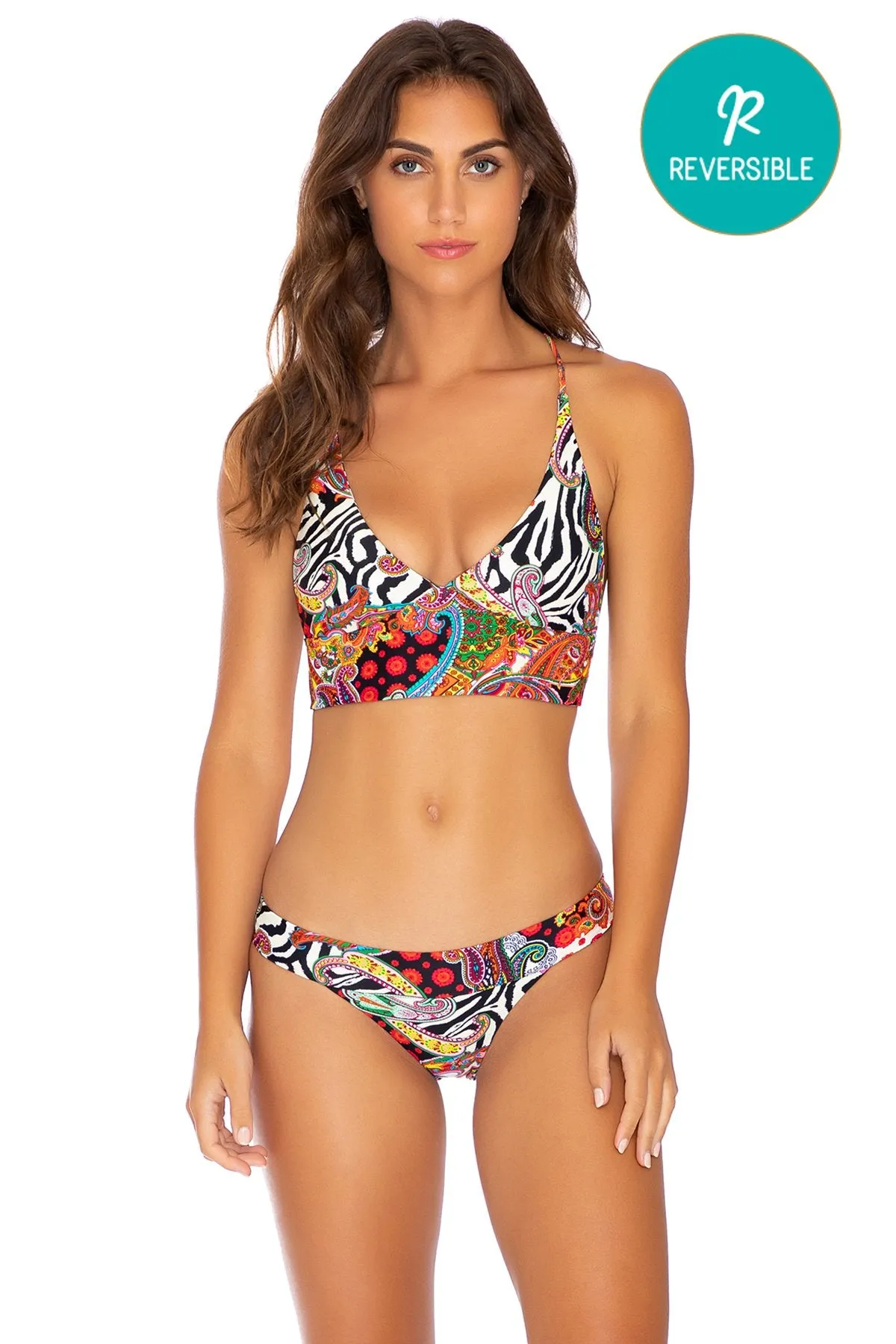 HEARTBREAKER - Cross Back Bustier Top & Banded Moderate Bottom • Multicolor