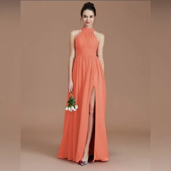 Hebeos A-Line/Princess Halter Sleeveless Ruched Floor-Length Chiffon Dresses