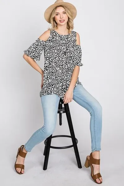 Heimish Full Size Leopard Round Neck Cold Shoulder T-Shirt Plus Size