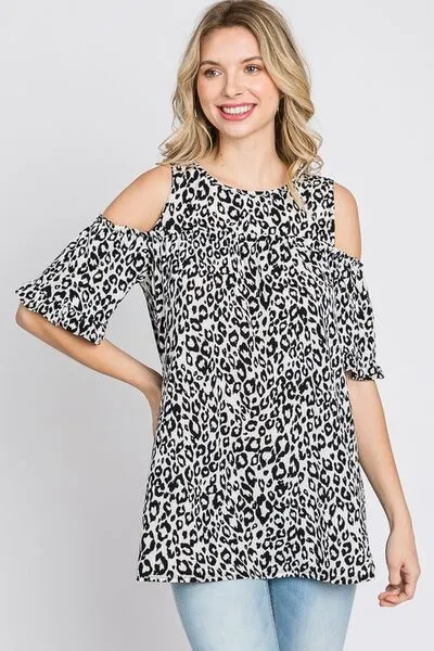 Heimish Full Size Leopard Round Neck Cold Shoulder T-Shirt Plus Size