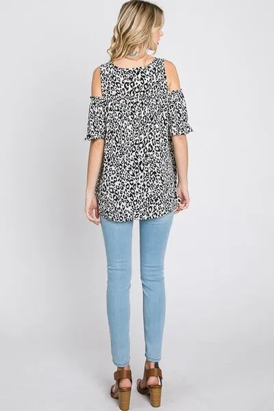 Heimish Full Size Leopard Round Neck Cold Shoulder T-Shirt Plus Size