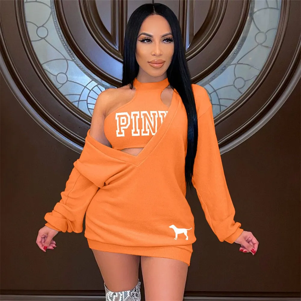 HLJ&GG Fashion Streetwear Two Piece Sets Women PINK Letter Print Crop Vest And Dress Outfits 2022 New Matching Suits Clothing